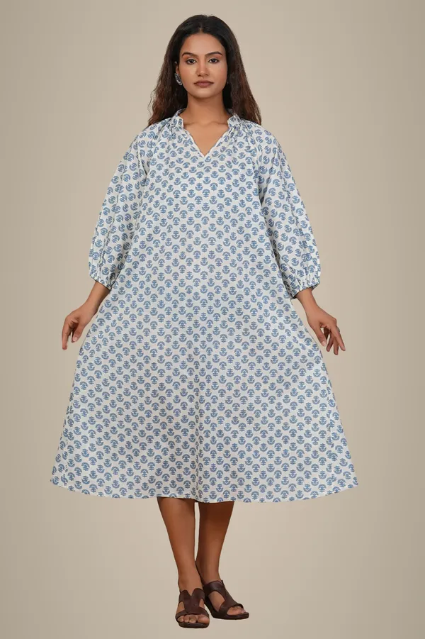 Women'S_Blue_Floral_Print_Dress_With_3/4_Sleeves_And_Pockets