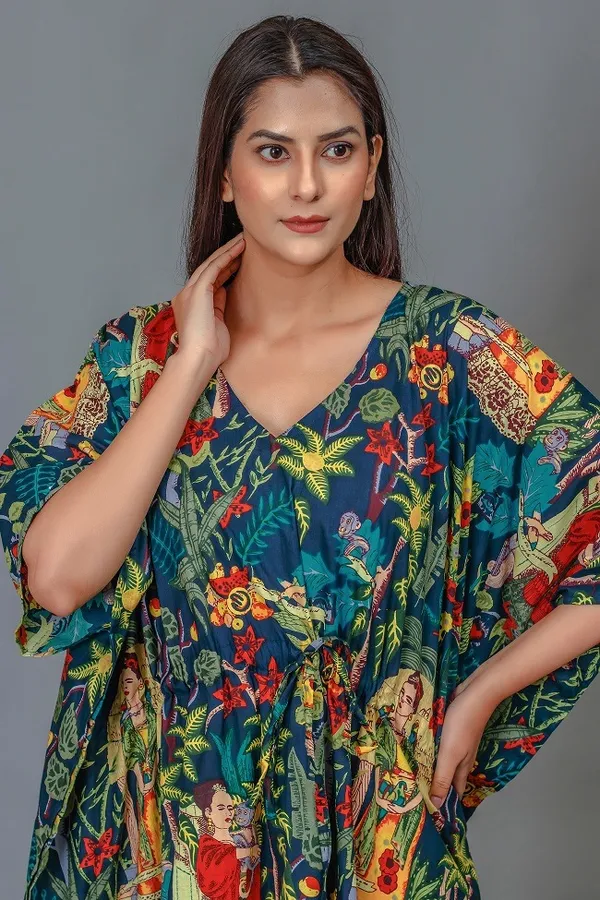 Multicolor_Printed_Kaftan_Dress_With_Ethnic_Frida_Kahlo_Pattern