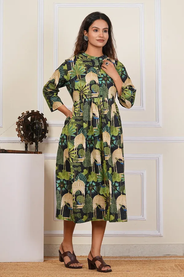 Women'S_Green_Botanical_Print_Fit_And_Flare_With_3/4_Sleeves