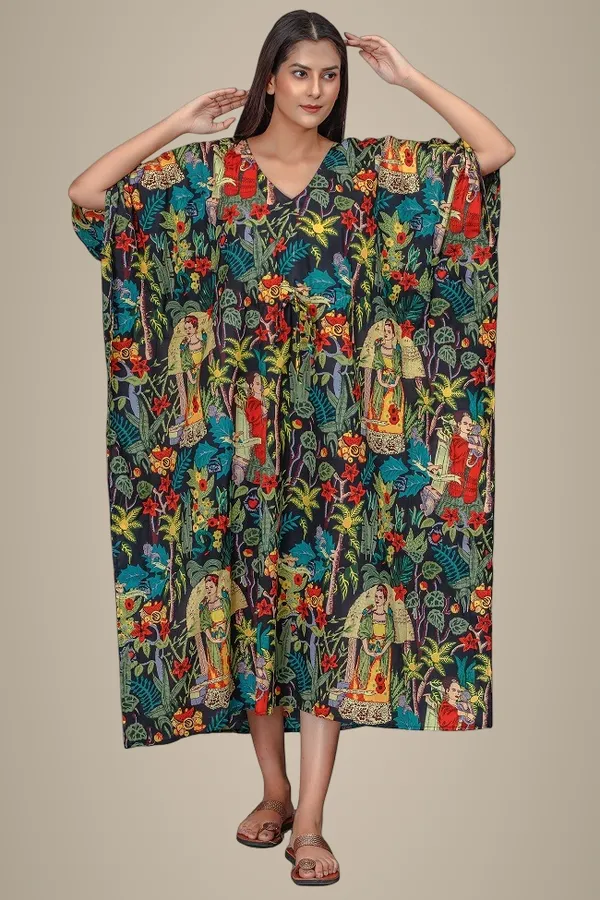 Multicolor_Printed_Kaftan_Dress_With_Ethnic_Frida_Kahlo_Pattern