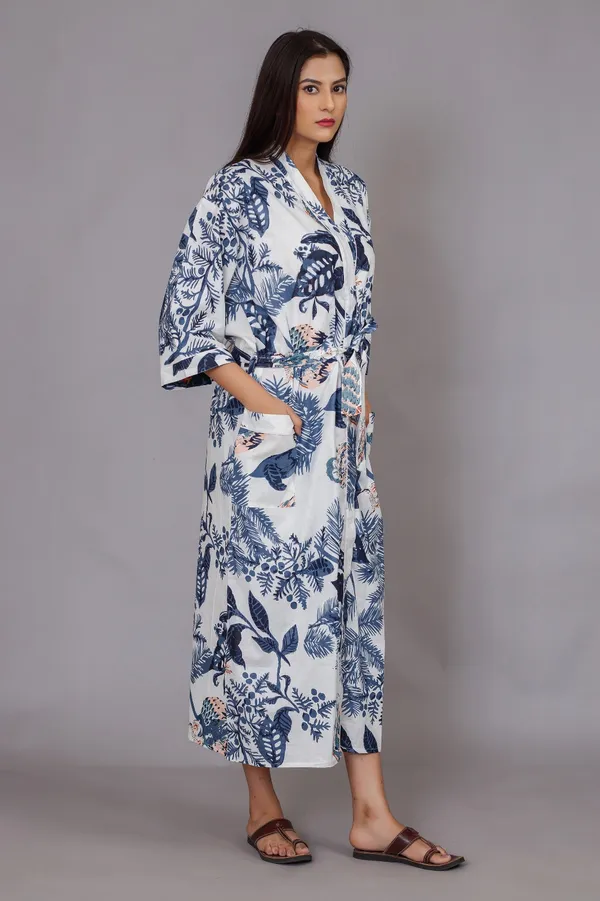 Blue_&_White_Tropical_Print_Long_Kimono_Robe_For_Women