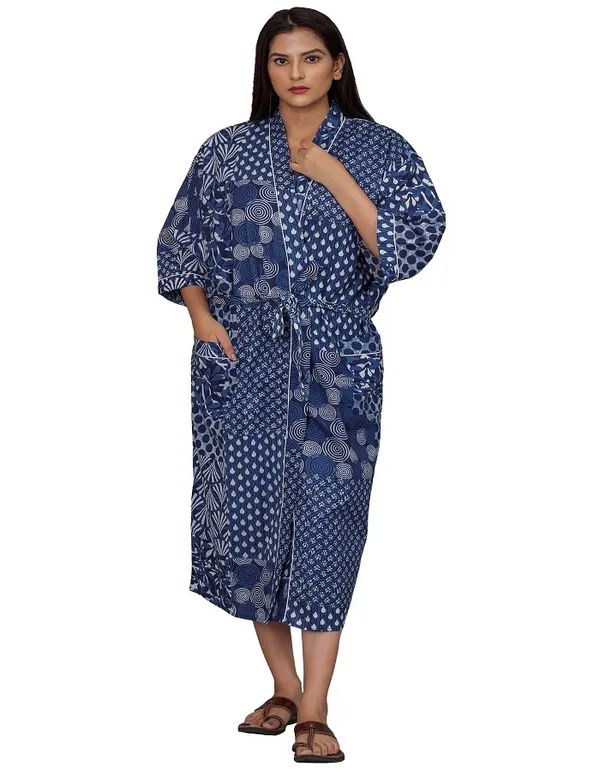 Indigo_Patchwork_Print_Cotton_Kimono_Robe_For_Women
