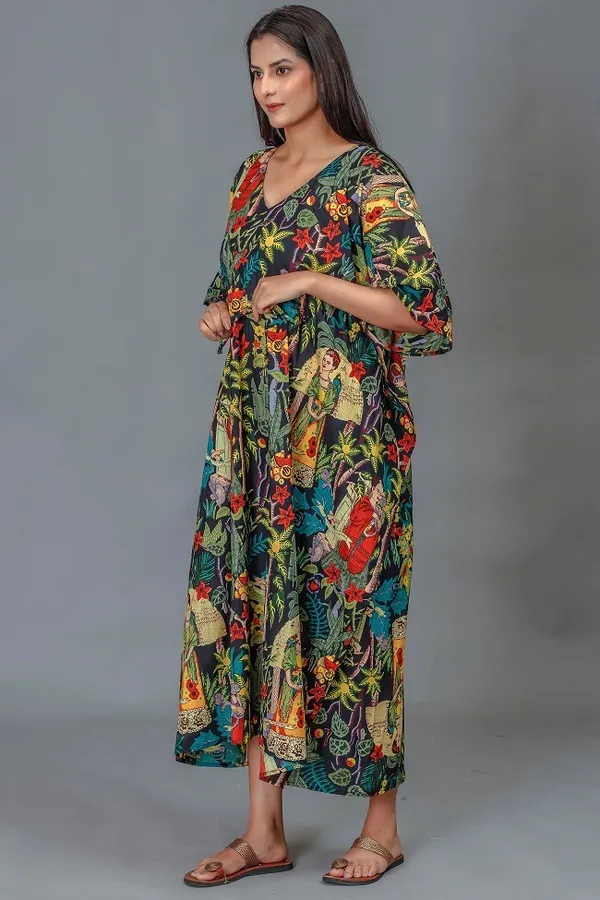 Multicolor_Printed_Kaftan_Dress_With_Ethnic_Frida_Kahlo_Pattern
