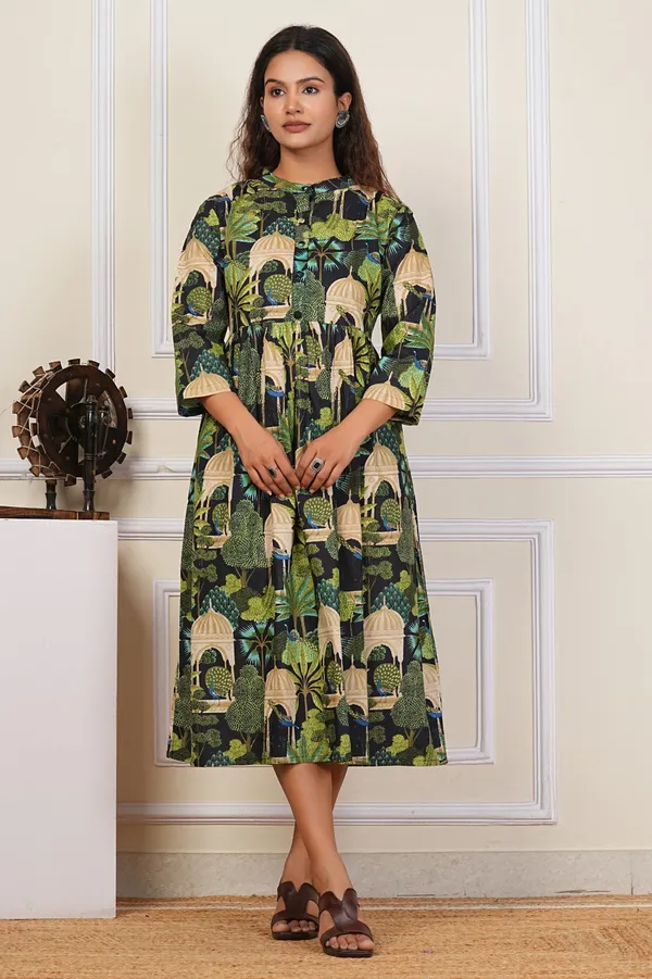 Women'S_Green_Botanical_Print_Fit_And_Flare_With_3/4_Sleeves