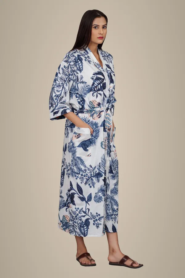 Blue_&_White_Tropical_Print_Long_Kimono_Robe_For_Women