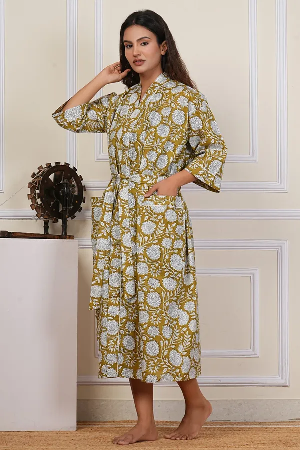 Hand_Block_Print_Cotton_Bathrobe_For_Women_-_Mustard_Yellow_Floral_Pattern