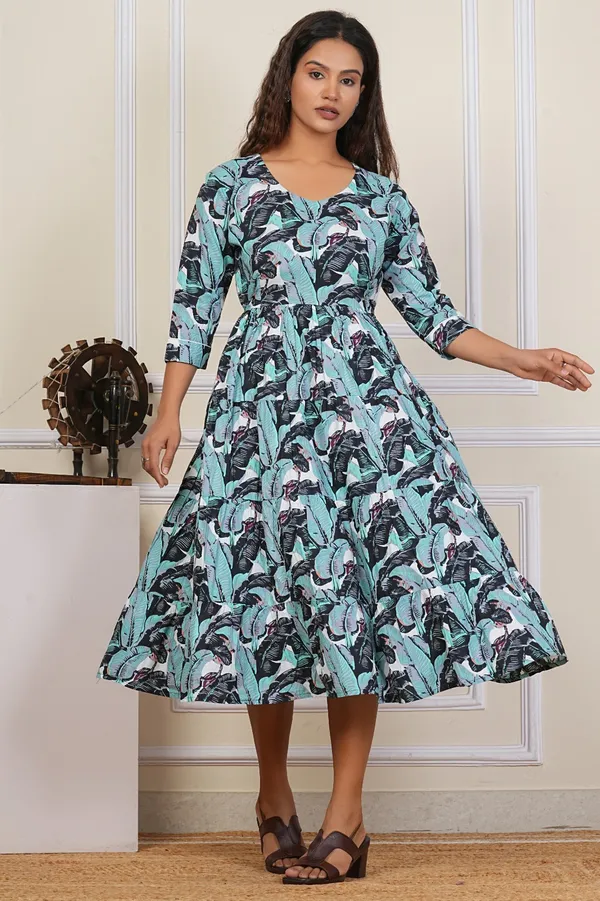 Women'S_Turquoise_Floral_Print_Fit_&_Flare__With_3/4_Sleeves