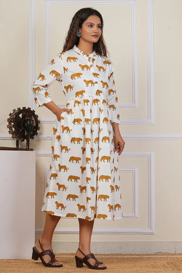 White_Tiger_Print_Collared__Dress_With_3/4_Sleeves