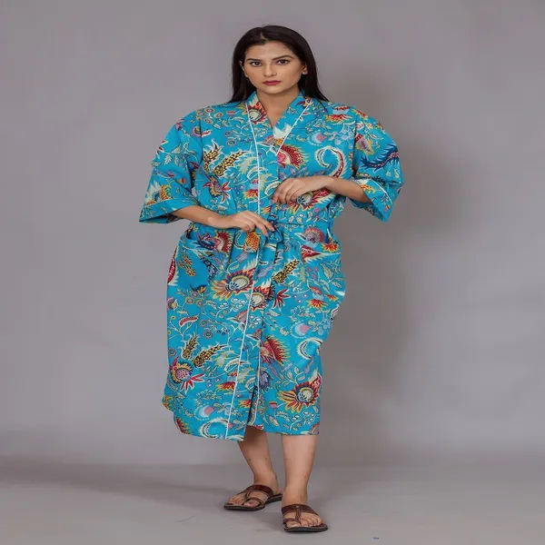 Turquoise_Blue_Floral_Bird_Print_Cotton_Bathrobe