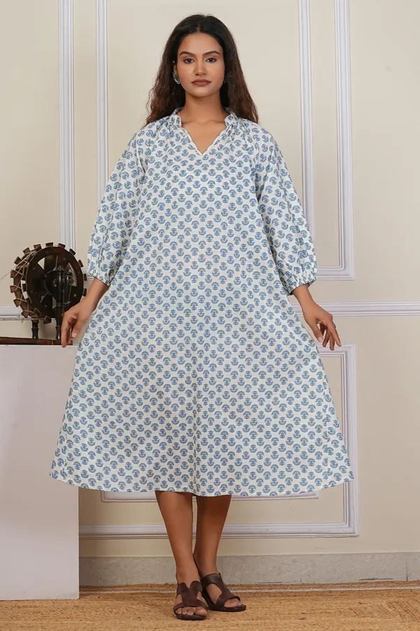 Women'S_Blue_Floral_Print_Dress_With_3/4_Sleeves_And_Pockets