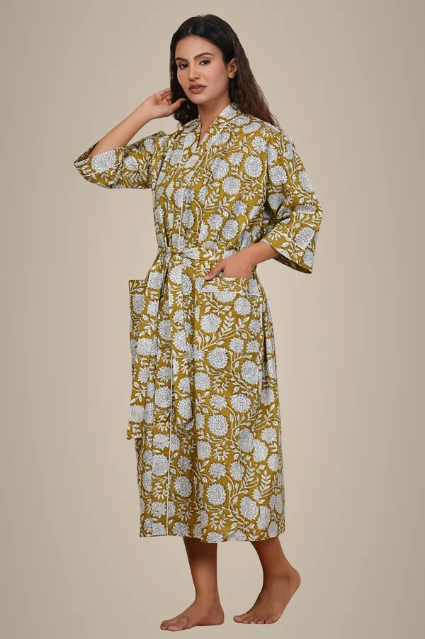 Hand_Block_Print_Cotton_Bathrobe_For_Women_-_Mustard_Yellow_Floral_Pattern