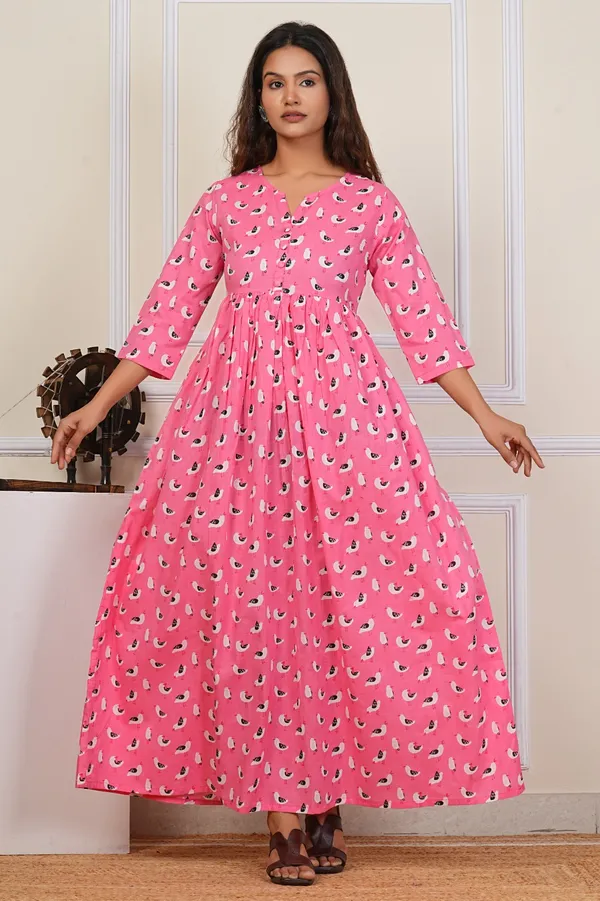 Women'S_Pink_Printed_Maxi_Dress_With_3/4_Sleeves