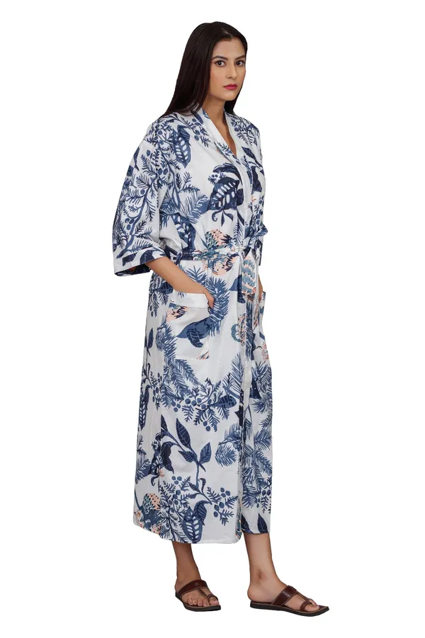 Blue_&_White_Tropical_Print_Long_Kimono_Robe_For_Women