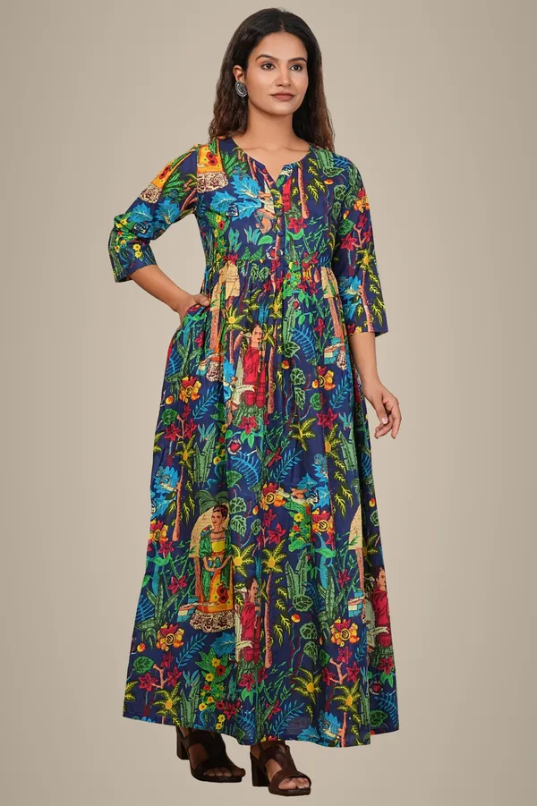 Vibrant_Tropical_Print_Maxi_Dress_With_3/4_Sleeves