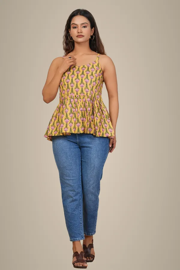 Yellow_Floral_Print_Peplum_Top_With_Adjustable_Straps