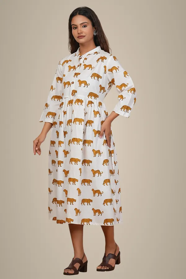 White_Tiger_Print_Collared__Dress_With_3/4_Sleeves