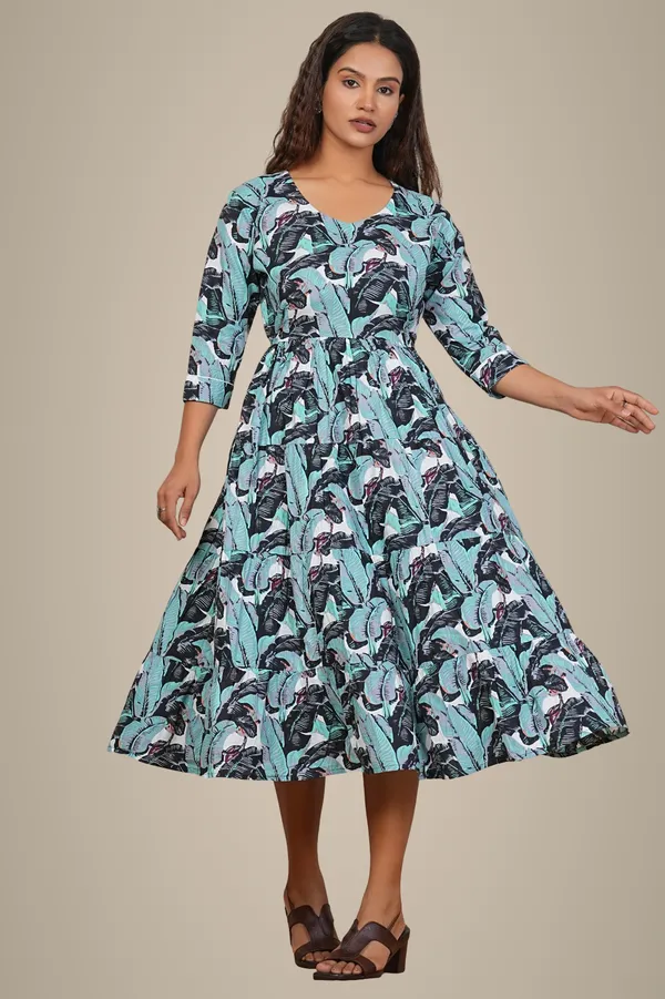 Women'S_Turquoise_Floral_Print_Fit_&_Flare__With_3/4_Sleeves