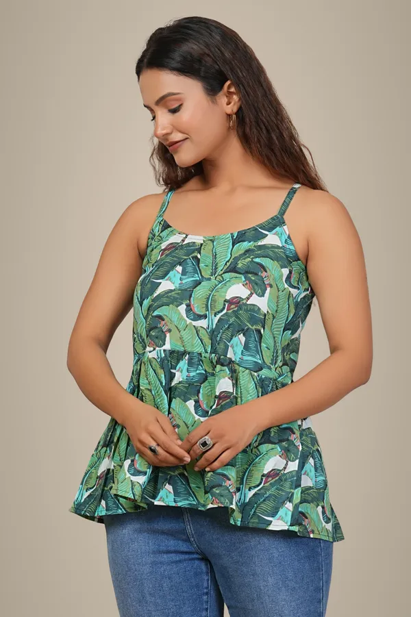 Tropical_Leaf_Print_Peplum_Top_With_Spaghetti_Straps