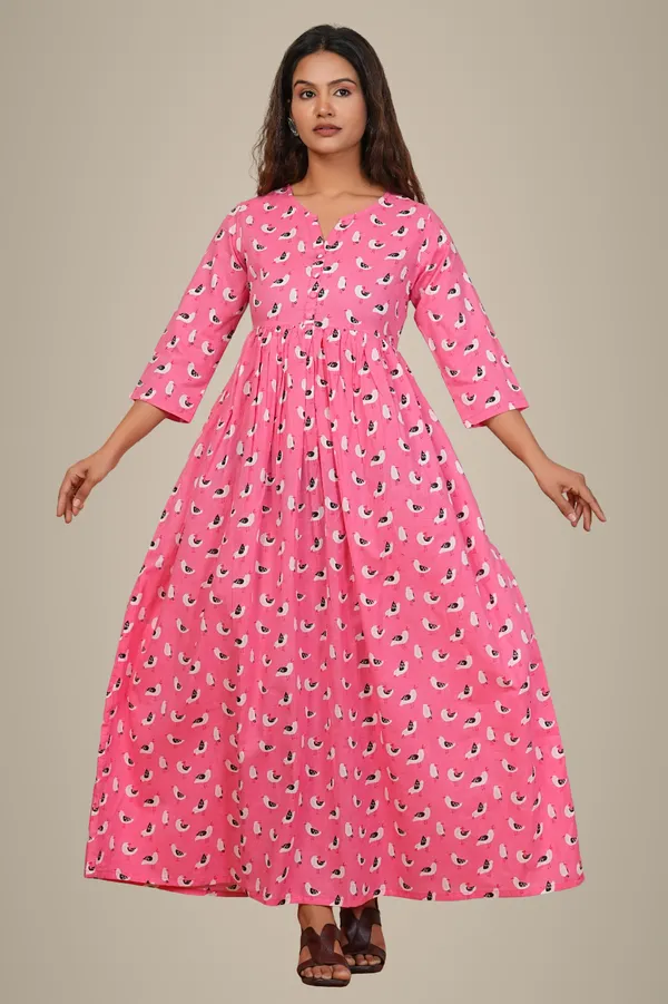 Women'S_Pink_Printed_Maxi_Dress_With_3/4_Sleeves