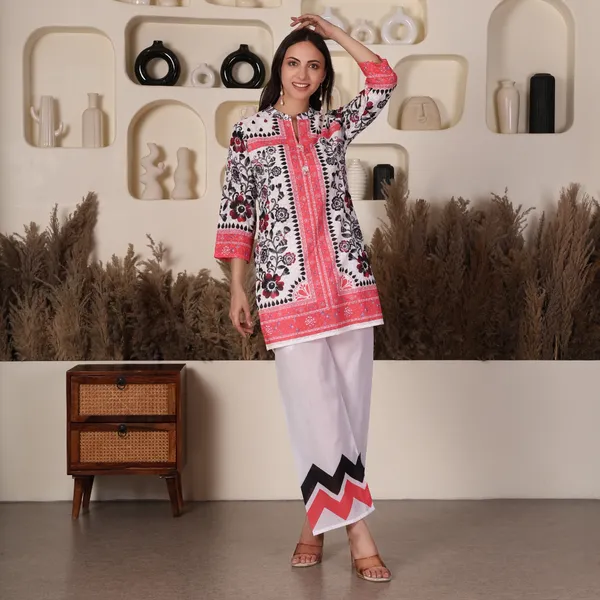 White_And_Pink_Floral_Chikan_Co-ord_Set