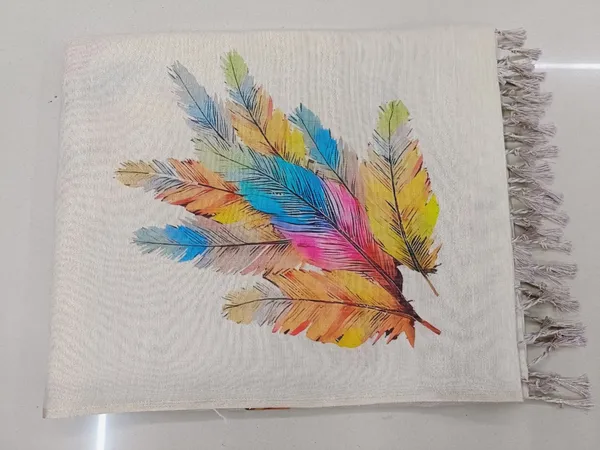 Golden_White_Erode_Silk_Saree_with_Colorful_Feather_Print