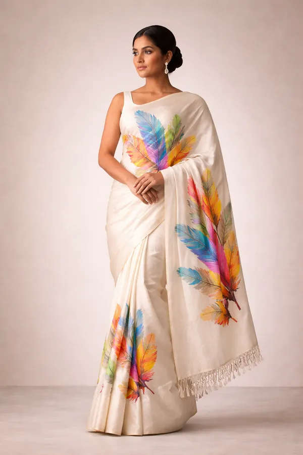 Golden_White_Erode_Silk_Saree_with_Colorful_Feather_Print