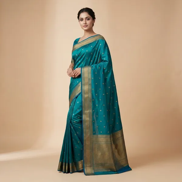 Kalanjali_Rama_Blue_Paithani_Silk_Saree_–_Golden_Buti_Design