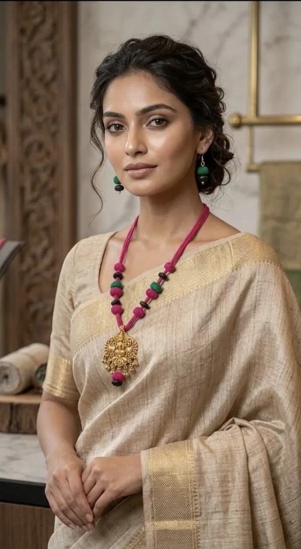 Pink_And_Green_Beaded_Necklace_With_Golden_Pendant_And_Matching_Earrings_Set