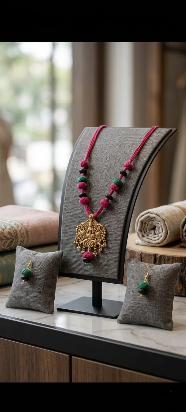 Pink_And_Green_Beaded_Necklace_With_Golden_Pendant_And_Matching_Earrings_Set