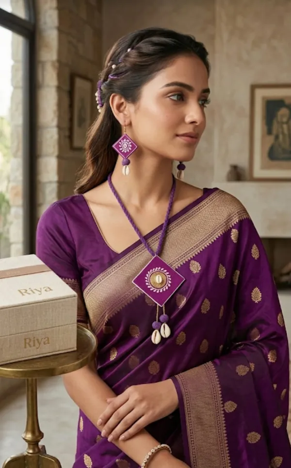 Purple_Artisanal_Necklace_And_Earring_Set_With_Cowrie_Shell_Accents_(Pack_Of_2)