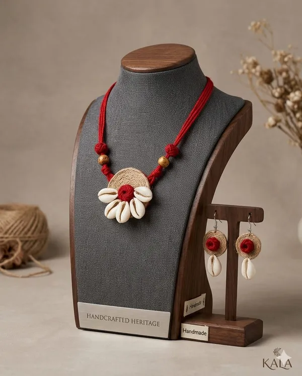 Handcrafted_Red_And_White_Floral_Shell_Necklace_And_Earring_Set