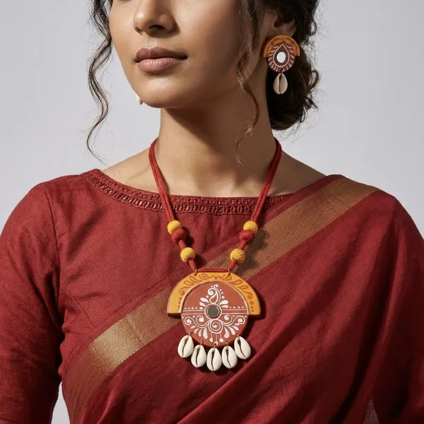 Handcrafted_Terracotta_Jewelry_Set_With_Cowrie_Shell_Pendant