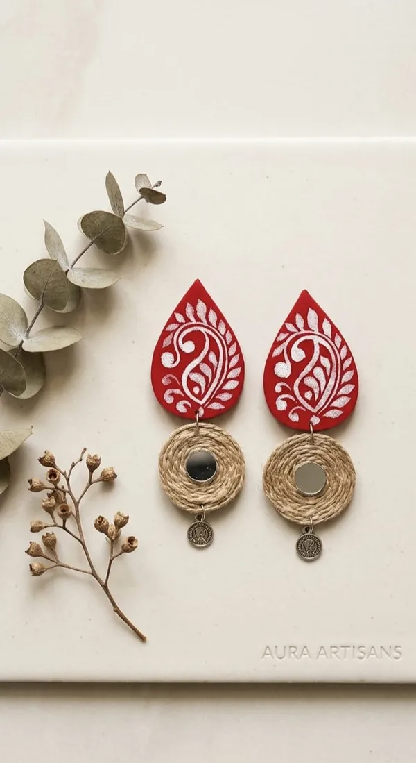 Handcrafted_Red_Paisley_Jute_Earrings_With_Antique_Coin_Charm