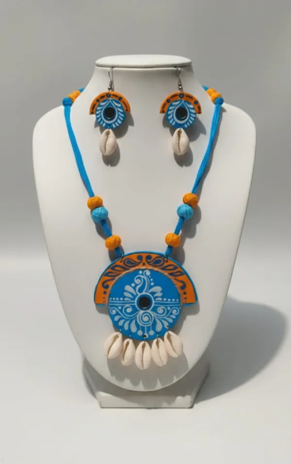 Handcrafted_Blue_&_Orange_Terracotta_Jewelry_Set_With_Shell_Pendant