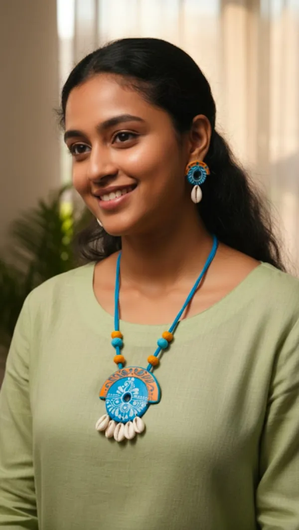 Handcrafted_Blue_&_Orange_Terracotta_Jewelry_Set_With_Shell_Pendant
