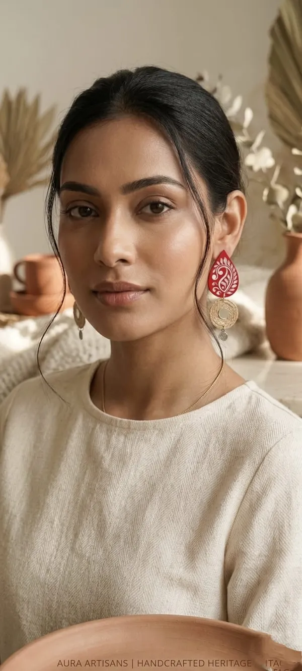 Handcrafted_Red_Paisley_Jute_Earrings_With_Antique_Coin_Charm