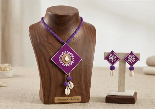 Purple_Artisanal_Necklace_And_Earring_Set_With_Cowrie_Shell_Accents_(Pack_Of_2)