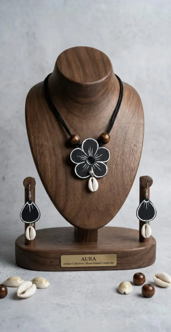 Aura_Artisan_Hand_Painted_Floral_Cowrie_Shell_Necklace_Set_With_Earrings