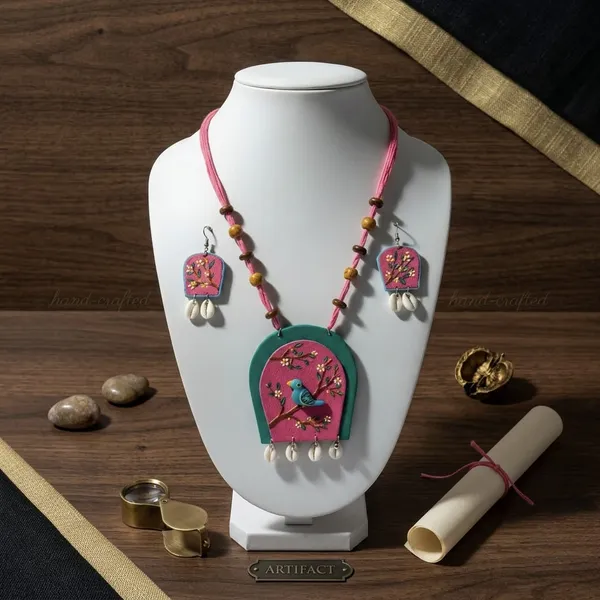 Handcrafted_Terracotta_Peacock_Necklace_Set_With_Earrings_-_Pink_And_Green_Ethnic_Jewelry