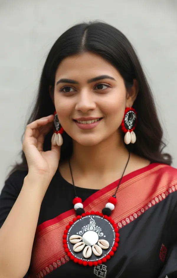 Traditional_Handcrafted_Terracotta_Jewelry_Set_With_Shell_And_Pom_Pom_Detailing_-_Red_And_Black