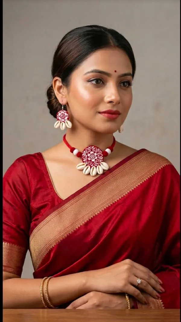 Artisan_Collection_Handcrafted_Red_Cowrie_Shell_Choker_Necklace_And_Earrings_Set