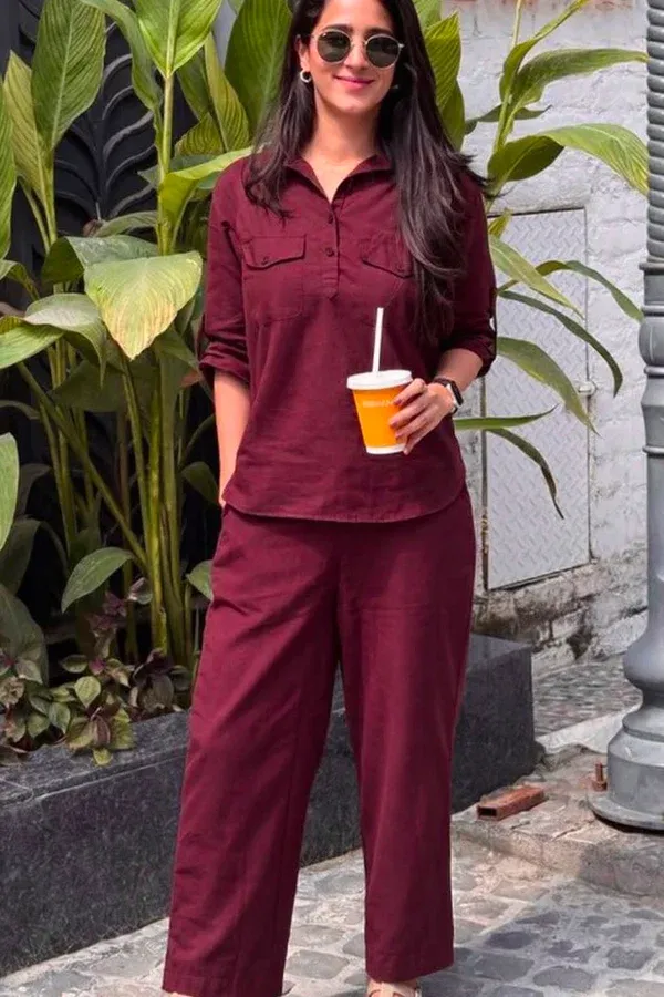 pure_cotton_maroon_Shirt_&_Trouser_Co-ord_Set