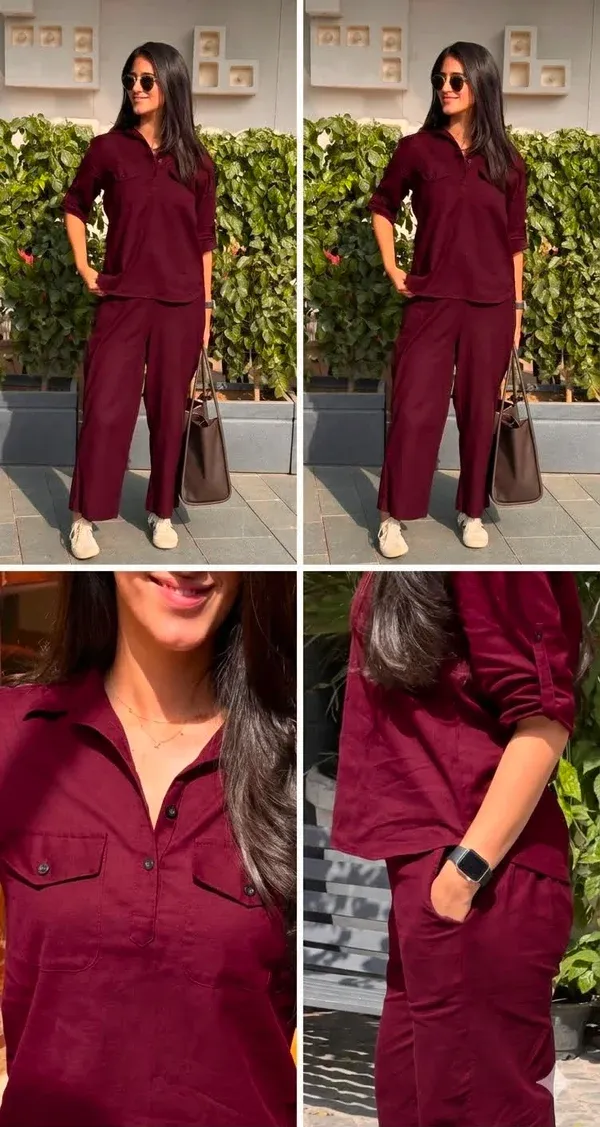 pure_cotton_maroon_Shirt_&_Trouser_Co-ord_Set