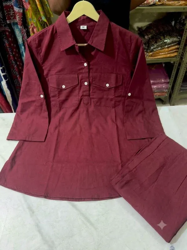 pure_cotton_maroon_Shirt_&_Trouser_Co-ord_Set