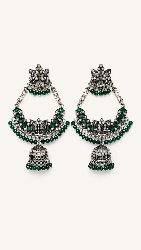 Oxidised_Silver_Green_Beaded_Chandbali_Jhumka_Earrings
