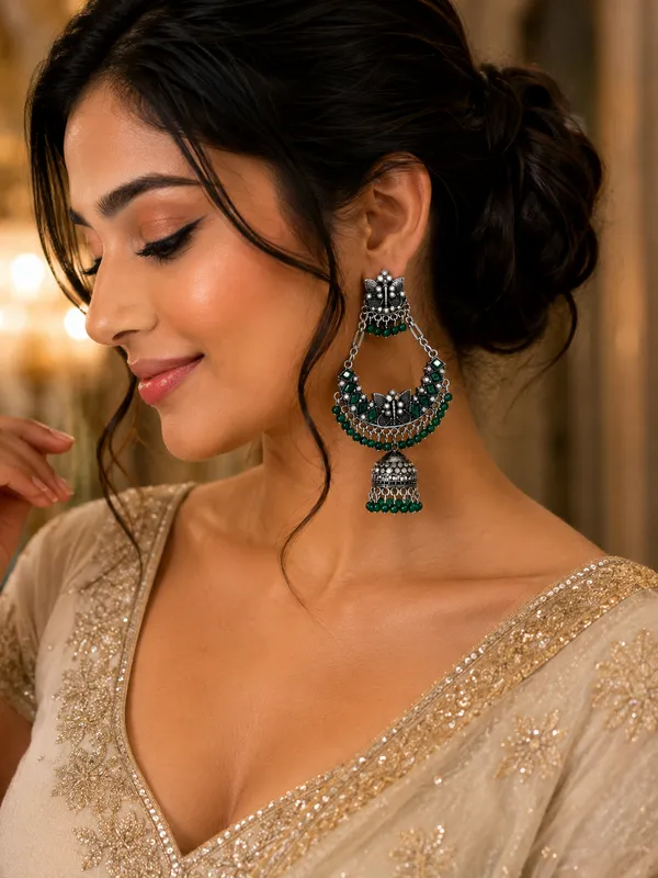 Oxidised_Silver_Green_Beaded_Chandbali_Jhumka_Earrings