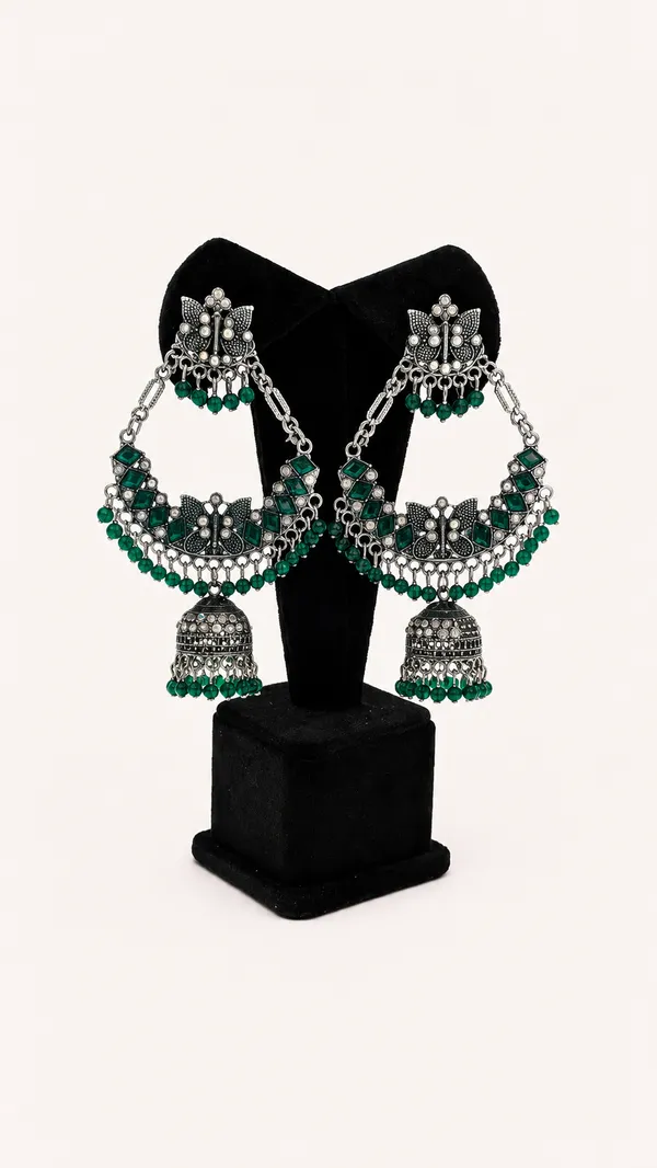 Oxidised_Silver_Green_Beaded_Chandbali_Jhumka_Earrings