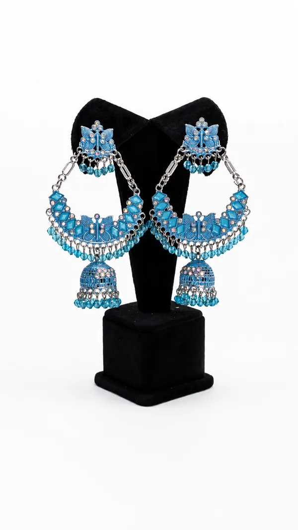 Blue_Oxidized_Silver_Jhumka_Earrings_With_Floral_Motif
