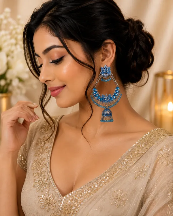 Blue_Oxidized_Silver_Jhumka_Earrings_With_Floral_Motif