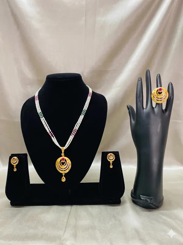 Golden_Beaded_Pearl_Necklace_Set_With_Matching_Earrings_And_Ring